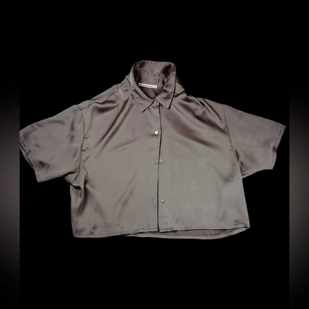 Abercrombie & Fitch Womens Gray Satin Button-Down Blouse Short Sleeve Size L - Picture 7 of 15